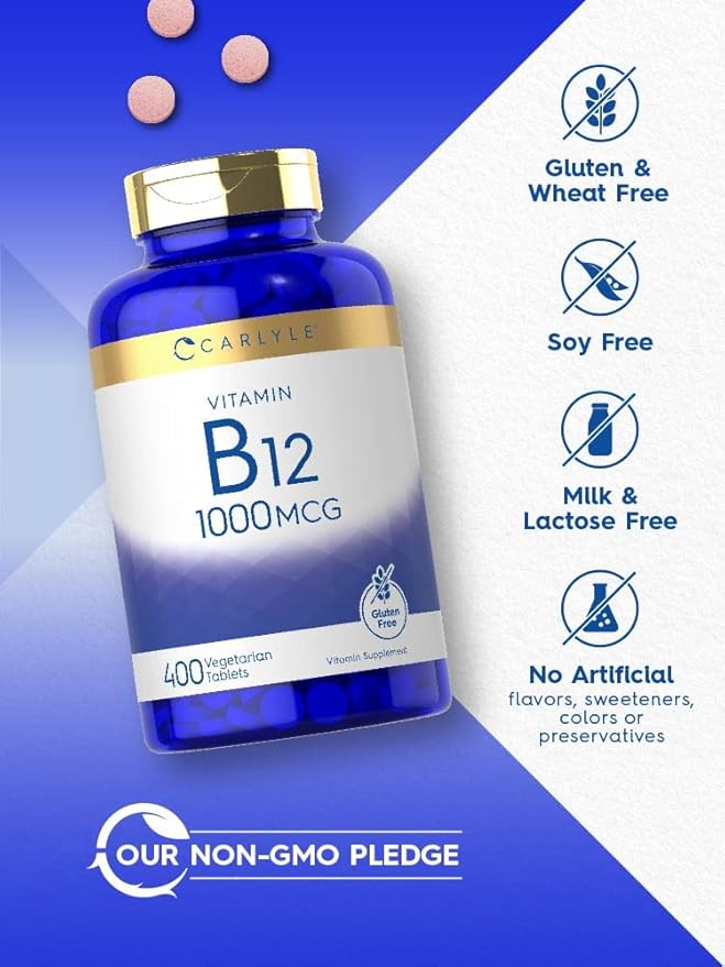 Carlyle Vitamin B12 1000 mcg | 400 Tablets | Vegetarian, Non-GMO, Gluten Free Supplement