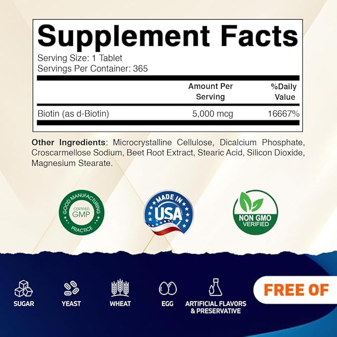 Vitamatic Biotin 5000mcg (5 mg) for Stronger Hair, Skin & Nails - 365 Vegan Tablets- Also Called Vitamin B7 (Pack of 2)