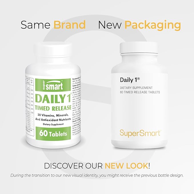 Supersmart - Daily 1® Timed Release - Multivitamin Supplement for Women & Men - with BioPQQ®, Vitamin A, B, C, D & E, Biotin, Quercetin & Fisetin | Made in USA | Non-GMO & Gluten Free - 60 Tablets