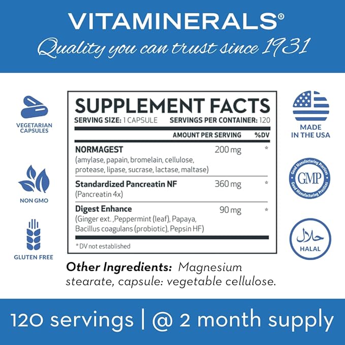 Vitaminerals 61 Normagest | Digestion Support Formula for Protein, Fats & Carbs | Veggie Caps (120 Capsules)