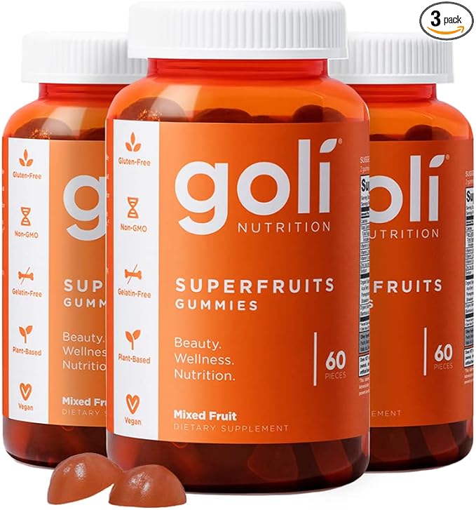 Goli Superfruits Beauty Gummies with Bamboo Silica - Vitamins A, C, E, Zinc - Collagen Support with Superfruit Blend - Vegan, Non-GMO, Gluten-Free, 180 Count (3 Pack)