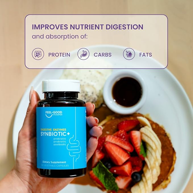 Feel Good Digestive Enzymes 4-in-1 Synbiotic+ – with Prebiotics, Probiotics & Postbiotics – Gut Health, Digestion & Bloating Relief – Pharmacist Formulated for Adults