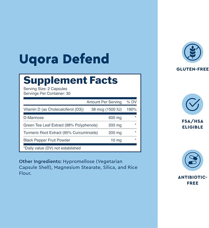 Uqora Defend - Urinary Tract Health Supplement - Support Bladder Health & Cleanse Biofilm with D-Mannose, Green Tea Extract, Turmeric Extract & More - Gluten-Free- 60 Capsules- 2 Pack (60-Day Supply)