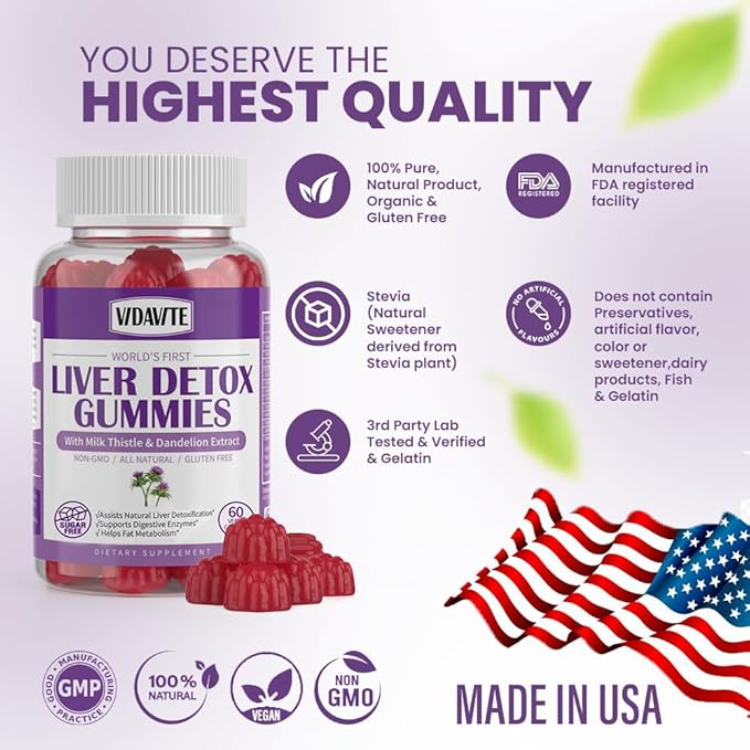VIDAVITE Liver Cleanse Detox & Repair Gummies — Sugar-free, US-Made, 1500mg Milk Thistle Supplement with Artichoke, Dandelion and 20+ Herbs — Liver Support Supplement for Men & Women(60 Vegan Gummies)