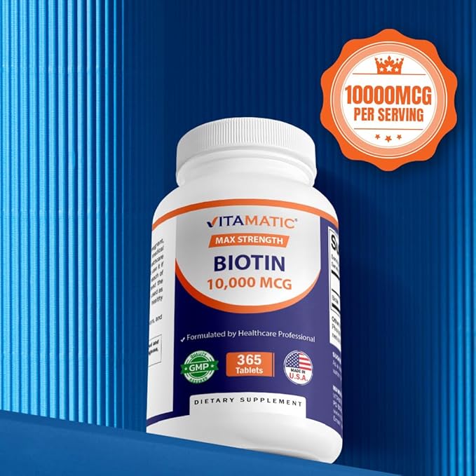 Vitamatic Biotin 10,000 mcg (10 mg) for Stronger Hair, Skin & Nails - 365 Vegan Tablets- Also Called Vitamin B7-2 Pack