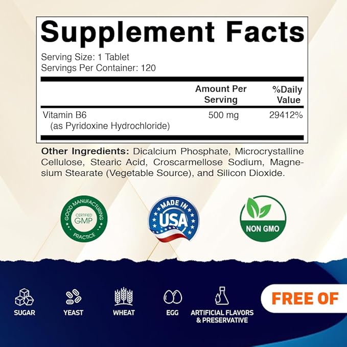Vitamatic Vitamin B6 (Pyridoxine HCI), 500 mg – 120 Vegetarian Tablets - 2 Pack Promotes Energy Production, Boosts Metabolism & Immune Health Support