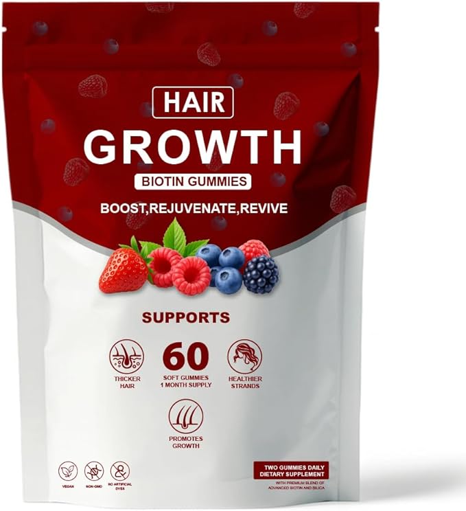 Hair Growth Gummies for Black Women, with Biotin-Silica Complex (5000mg Biotin) & Vitamin D (30mcg), Supports Healthy Hair Growth & Strength, Skin & Nail Care, Non-GMO, 60 Gummies