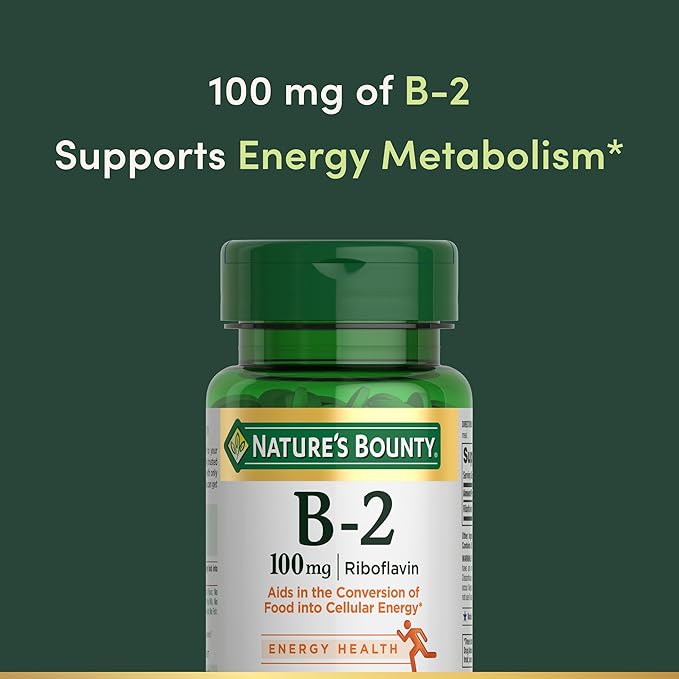 Nature's Bounty Vitamin B, B-2 Vitamin 100mg as Riboflavin Supplement, Aids Energy Metabolism, 100 Vegetarian Coated Tablets, 100 Day Supply