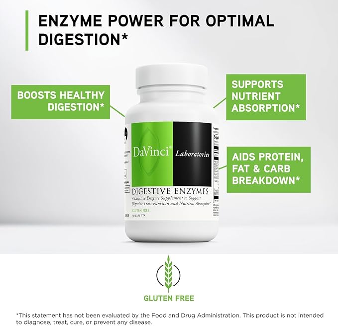 DAVINCI Labs Digestive Enzymes Dietary Supplement Supports Digestive Tract Function & Nutrient Absorption - with Calcium, Pepsin, Bromelain, Papain, Pancreatin and More - Gluten-Free - 90 Tablets