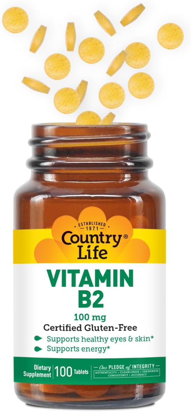 Country Life Vitamin B2 100mg Riboflavin Supplement – Boosts Energy Production & Supports Cell Function, Gluten-Free, Vegan, Kosher, Halal – no preservatives, GMO or Artificial Flavors, 100 Count