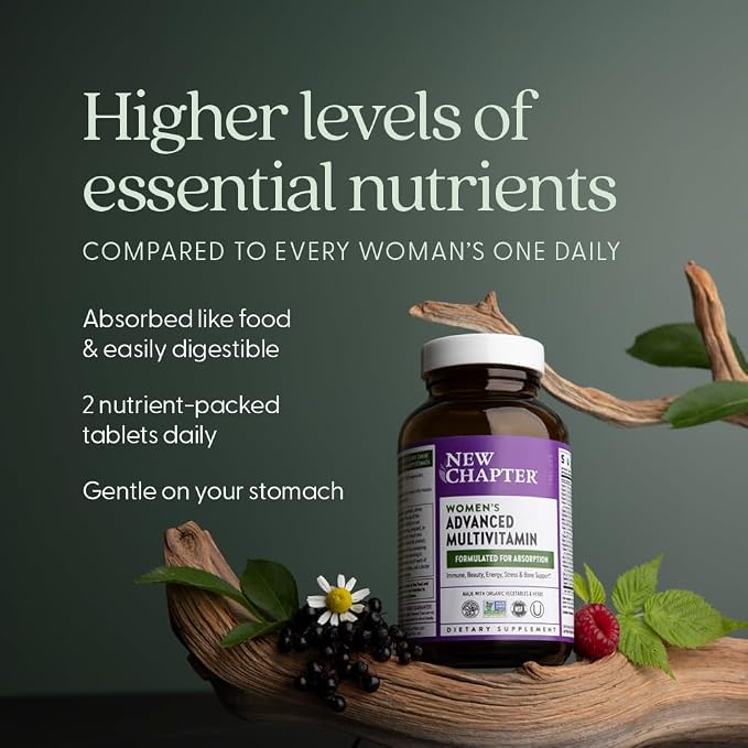 New Chapter Women's Multivitamin Advanced Formula for Stress, Bone, Immune, Beauty & Energy Support, Higher Levels of Whole-Food Fermented Essential Nutrients for Women + Iron + Vitamin D3, 72 Count