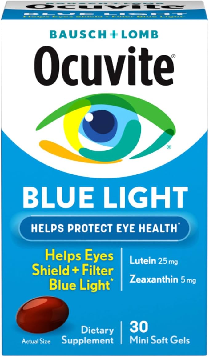 Bausch + Lomb Ocuvite Blue Light Eye Health – Mini Soft Gels with 25 mg Lutein + 5 mg Zeaxanthin – Eye Defense for Screen Time, Gamers, & Digital Device Users, 30 ct (Pack of 4)