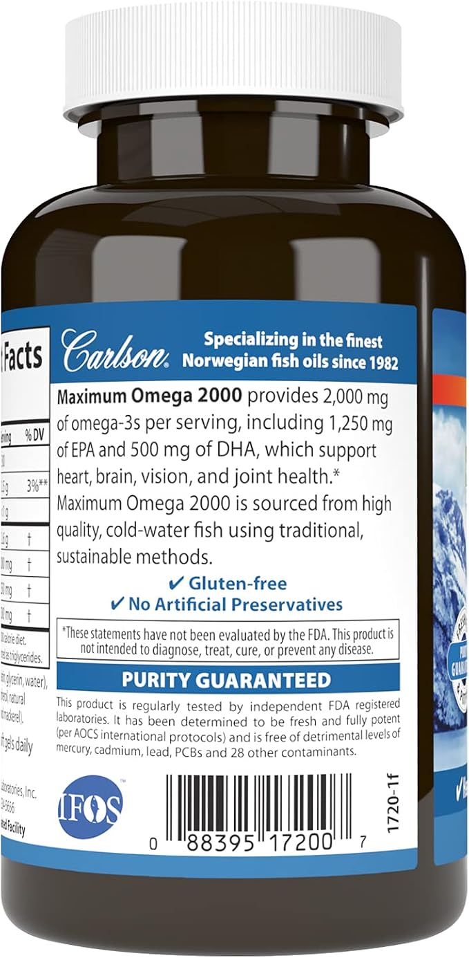 Carlson - Maximum Omega 2000, 2000 mg Omega-3 Fatty Acids Including EPA and DHA, Wild-Caught, Norwegian Fish Oil Supplement, Sustainably Sourced Fish Oil Capsules, Lemon, 60 Softgels