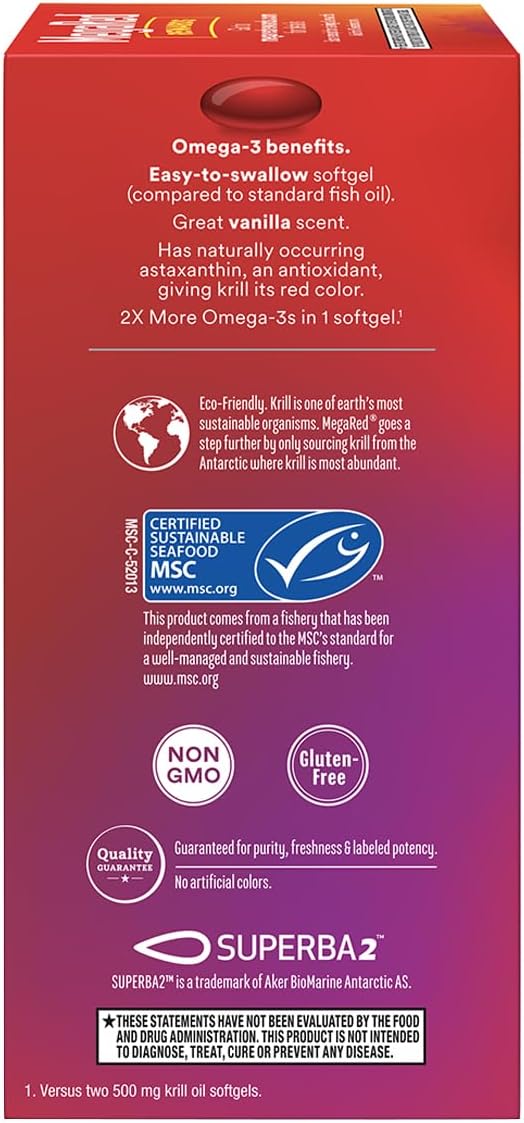 MegaRed Ultra Strength 1000mg Omega-3 Krill Oil Supplement with EPA/DHA, Astaxanthin & Phospholipids, No Fish Oil Aftertaste Supports Heart, Brain, Joint and Eye Health, 60 Count Softgels (3 Pack)