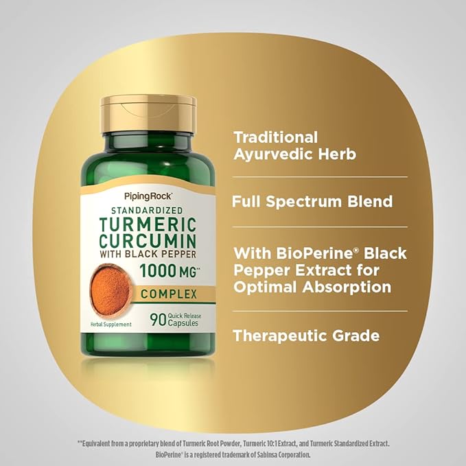 Piping Rock Turmeric Curcumin with Black Pepper | 90 Capsules | Herbal Complex Supplement with Bioperine Extract | Non-GMO, Gluten Free