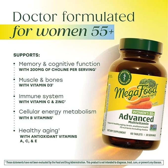 MegaFood, Multi for Women 55+, Supports Optimal Health and Wellbeing, Multivitamin and Mineral Dietary Supplement, Gluten Free, Vegetarian, 60 tablets (30 servings)