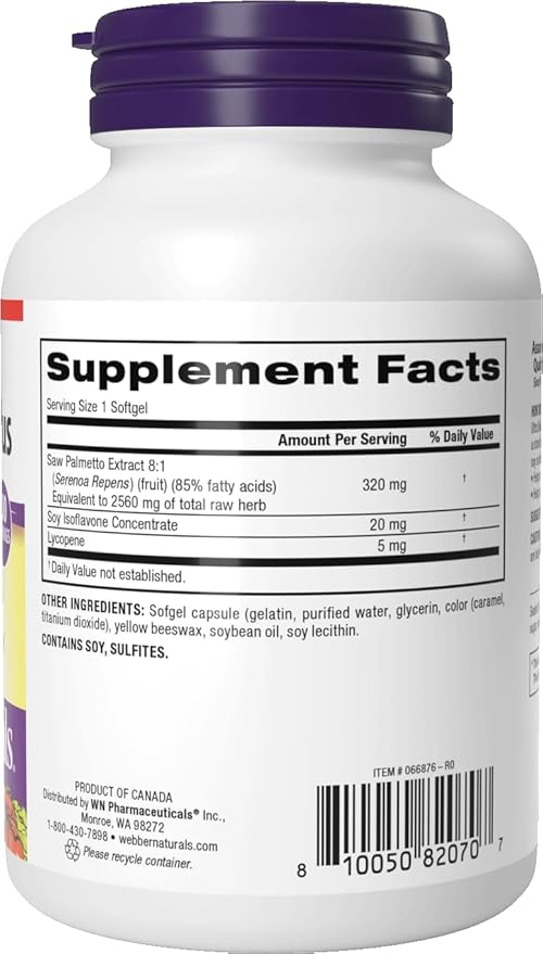 Webber Naturals Ultra Saw Palmetto Plus, 320mg per Softgel, Supports Healthy Prostate Function, Herbal Health Supplement with Lycopene, 100 Softgels, Gluten Free
