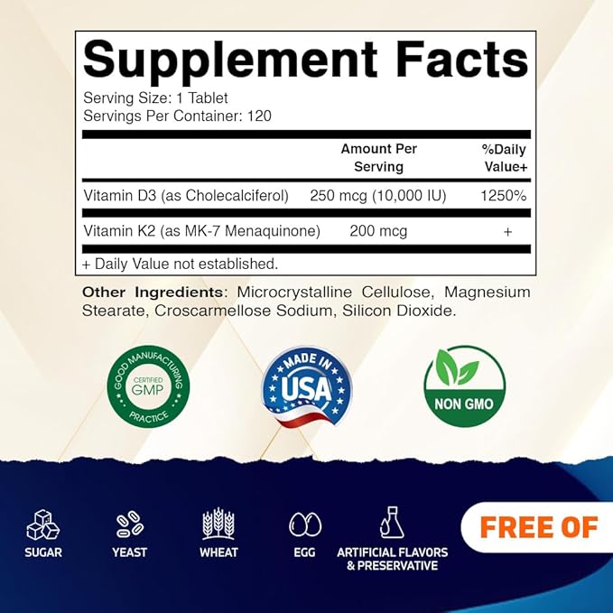 Vitamatic Vitamin D3 K2 Supplements with 10,000 IU Vitamin D + 200mcg Vitamin K MK-7, 120 Tablets Bone, Heart, Immune, & Calcium Support (Pack of 3)