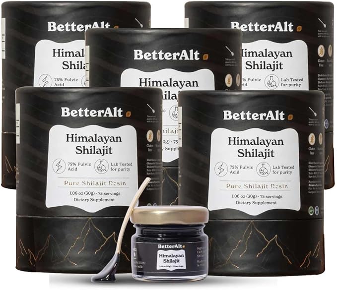 Better Alt Pure Himalayan Shilajit Resin Pack of 5 High Potency Gold Grade 375 Servings for Energy Boost & Immune Support, 85+ Trace Minerals, 75%+ Fulvic Acid, with Lab Test Report,400 mg