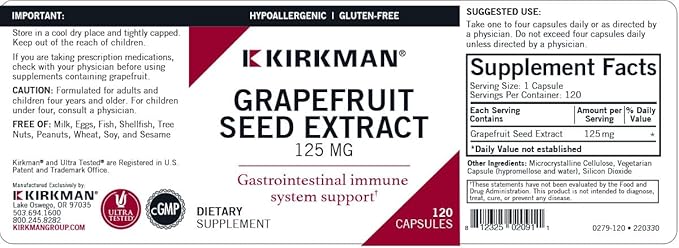 Kirkman Grapefruit Seed Extract 125 mg Capsules - Hypoallergenic, 120 Count