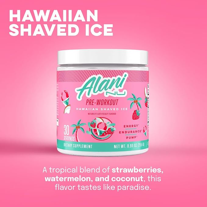 Alani Nu Pre Workout Powder Hawaiian Shaved ICE, Amino Energy Boost, Endurance Supplement, Sugar Free, 200mg Caffeine, L-Theanine, Beta-Alanine, L-Citrulline, 30 Servings