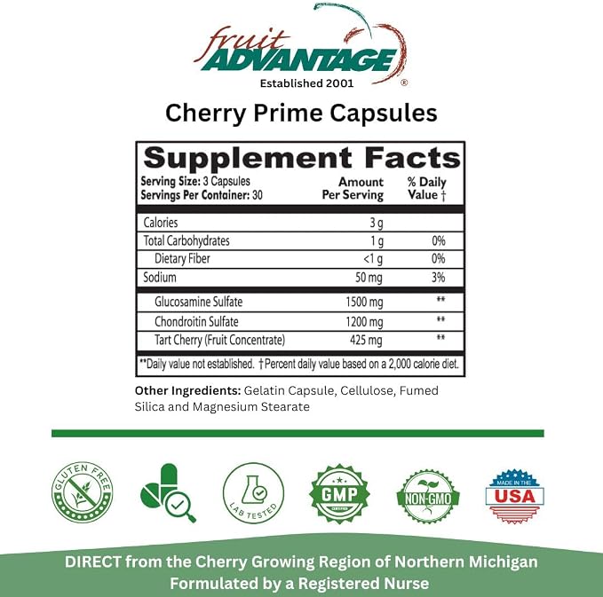 Cherry Prime Montmorency Tart Cherry with Glucosamine & Chondroitin - 90 Capsules (Case of 12)