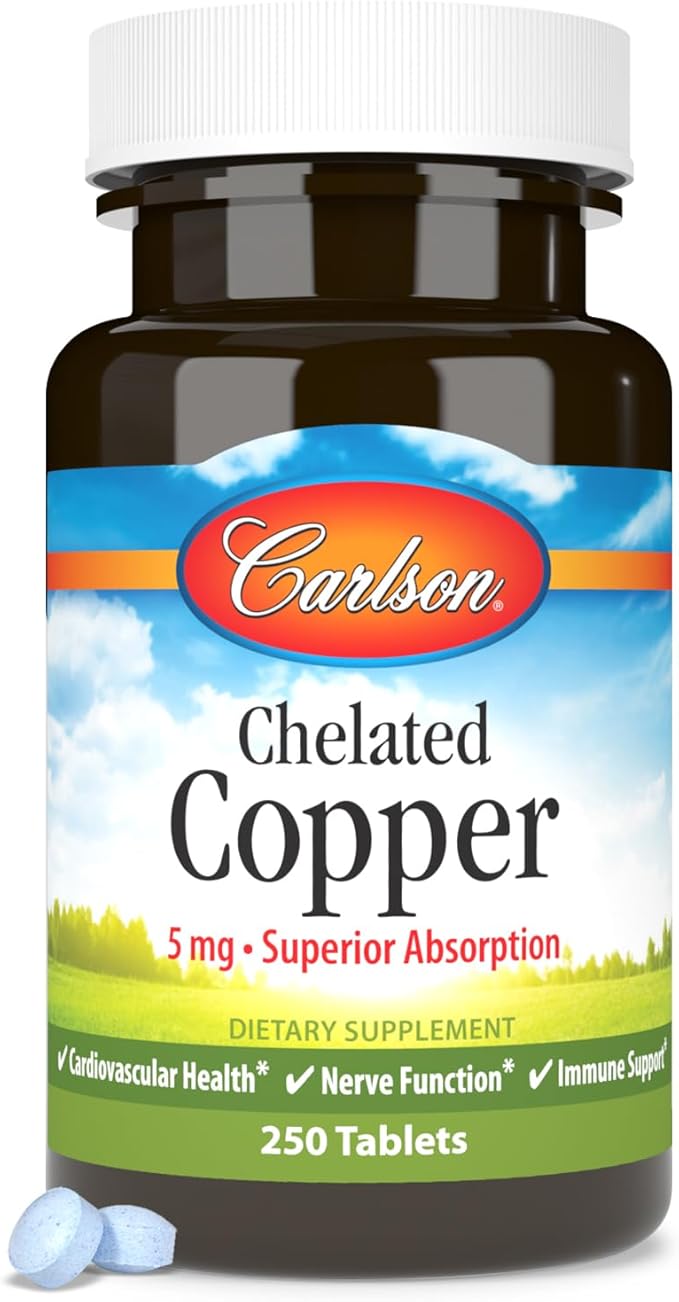 Carlson - Chelated Copper, 5 mg, Superior Absorption, Circulation Health, Nerve Function & Immune Support, 250 Tablets
