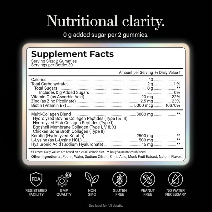 Collagen Peptides Gummies Sugar Free 3000mg Multi Collagen Blend for Hair Skin & Nails Support + 2500mg Keratin + 5000mcg Biotin, Hyaluronic Acid, Vitamin C & Zinc, 60 Gummies (Packaging May Vary)