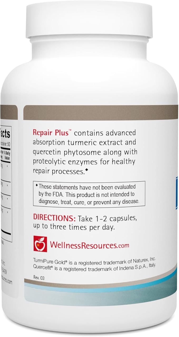 Repair Plus Featuring TurmiPure Gold Turmeric (Curcumin) with Quercetin Phytosome and Proteolytic Enzymes Bromelain and Papain for Repair, Recovery, and Tissue Health (100 Capsules)