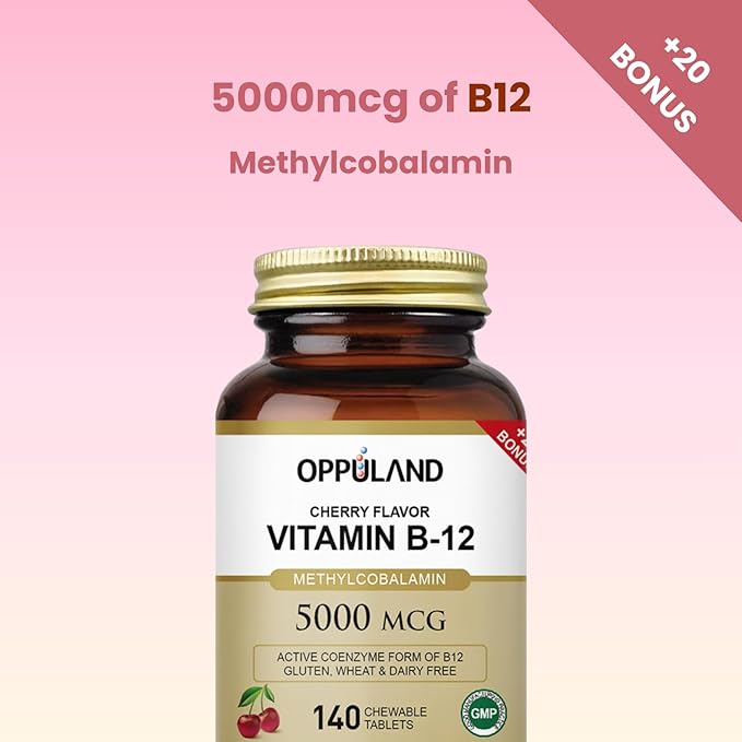 Methyl B-12 5000mcg Chewable with Folate - Vitamin B12 Methylcobalamin Sublingual Tablets - Supports Energy & Brain Function - Vegan Supplement - Cherry Flavor - 140 Count