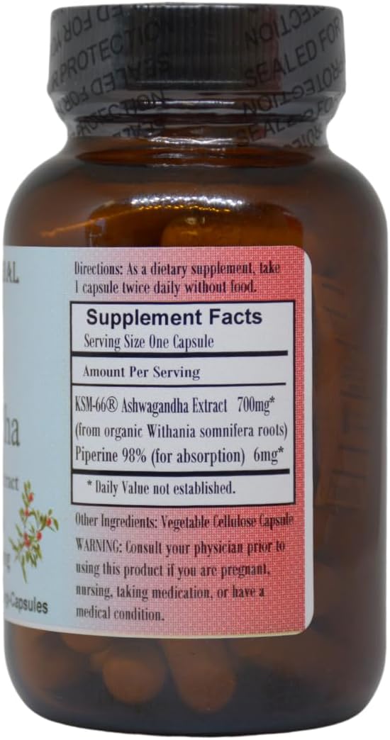 Barlowe's Herbal Elixirs KSM-66 Ashwagandha | Ashwagandha Root Extract | 5% Withanolides | 700mg per Capsule | 60 Veggie Capsules | Stearate Free | Glass Bottle