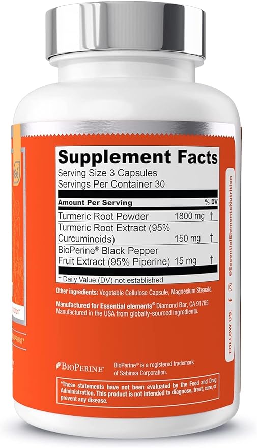 Essential Elements Turmeric Curcumin - Joint, Heart & Brain Support - with BioPerine for Optimal Absorption 1950 mg - 90 Count - 30 Servings
