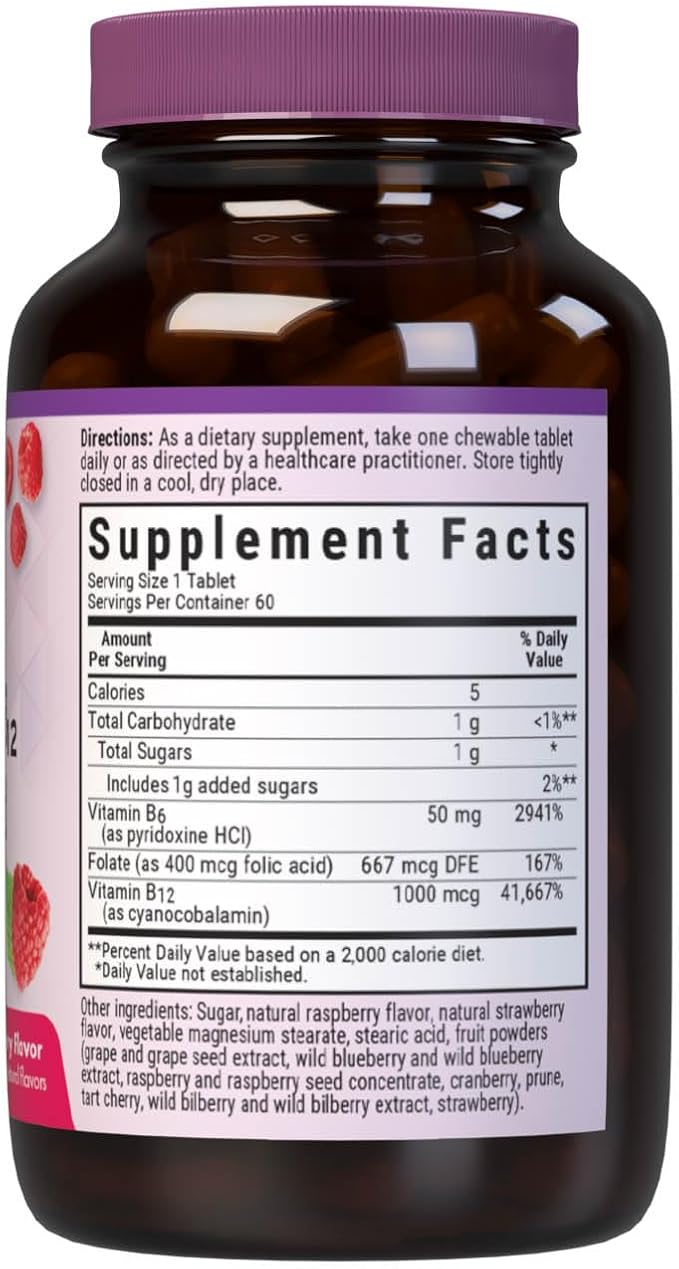 BlueBonnet Nutrition Earth Sweet Vitamin B6, B12, Plus Folic Acid Chewable Tablets, Vegan, Vegetarian, Gluten Free, Soy Free, Milk Free, Kosher, 60 Chewable Tablets, Raspberry Flavor (Pack of 2)