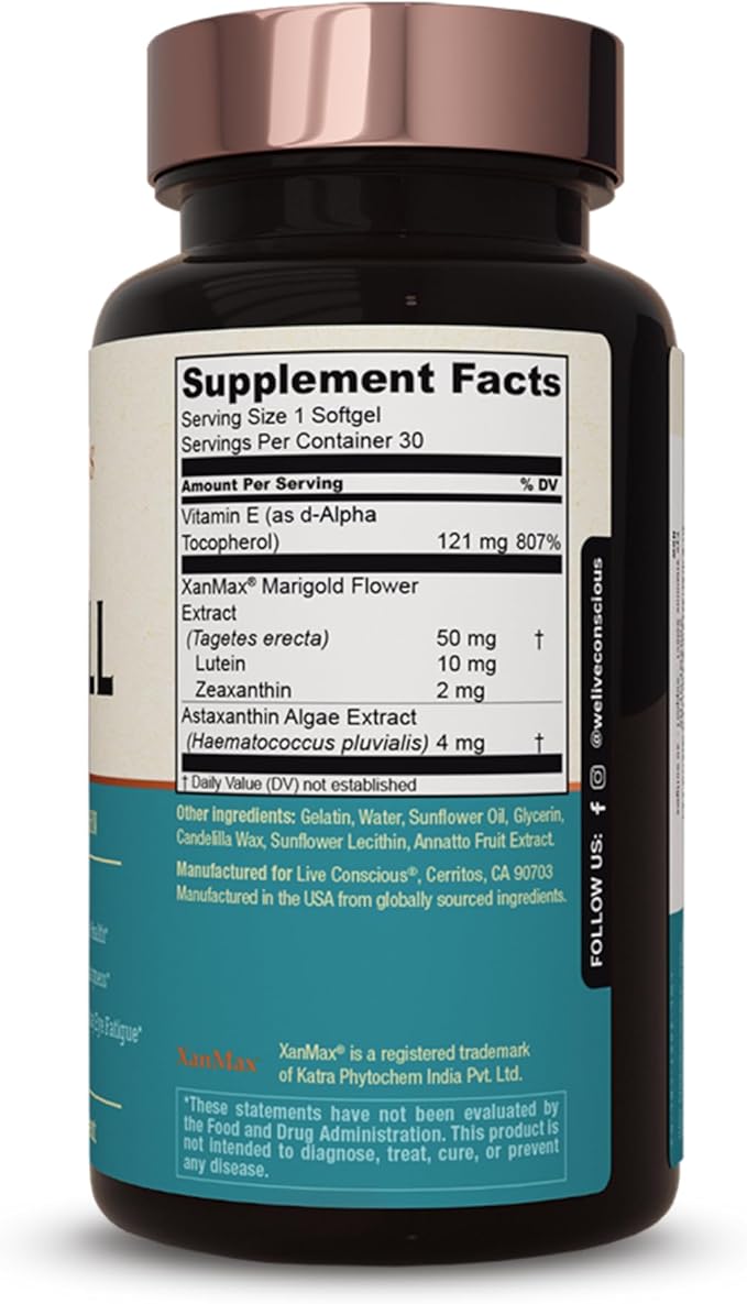 Live Conscious Eye Vitamins Select AREDS 2 Ingredients with Vitamin E, Lutein, and Astaxanthin - OptiWell Eye Health Supplement and Blue Light Support - 30 Softgels