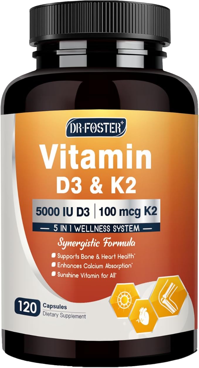 DRFOSTER Vitamin D3 K2, 5000 IU Vitamin D3 Plus 100 mcg of Vitamin K Supplements for Adults for Heart & Bone Health Support, 120 Capsules
