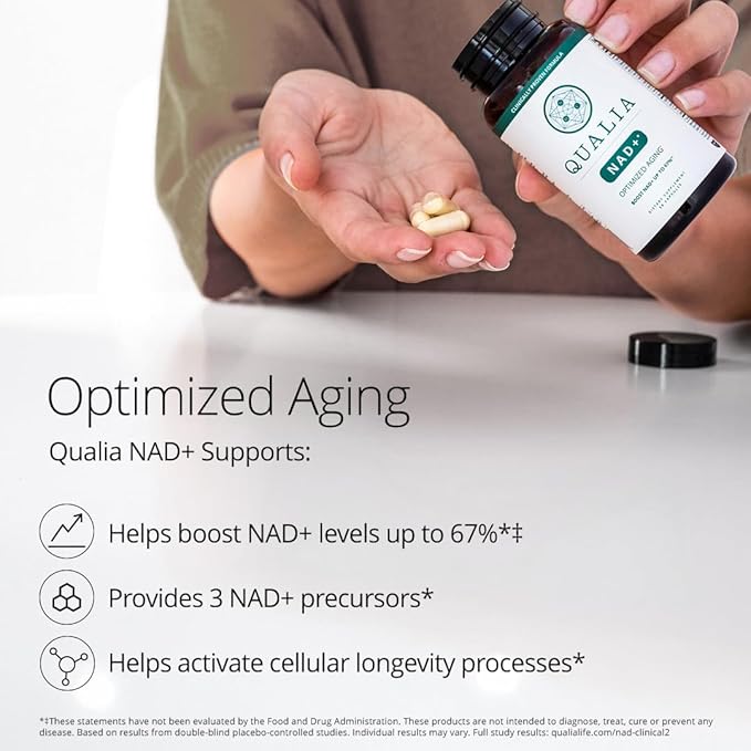 Qualia NAD Supplement — Clinically Proven to Boost NAD+ up to 67%. Optimized Aging, Energy, Focus. Elite Ingredients: Nicotinamide Riboside (NIAGEN,) Niacin, Niacinamide (3 Month Supply)