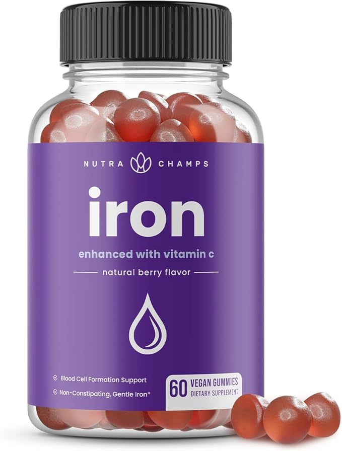 NutraChamps Iron Gummies with Vitamin C - 20mg, Blood Cell Formation Support, 60 Vegan Gummies for Iron Deficiency & Anemia, Energy, Focus, Immune Boost