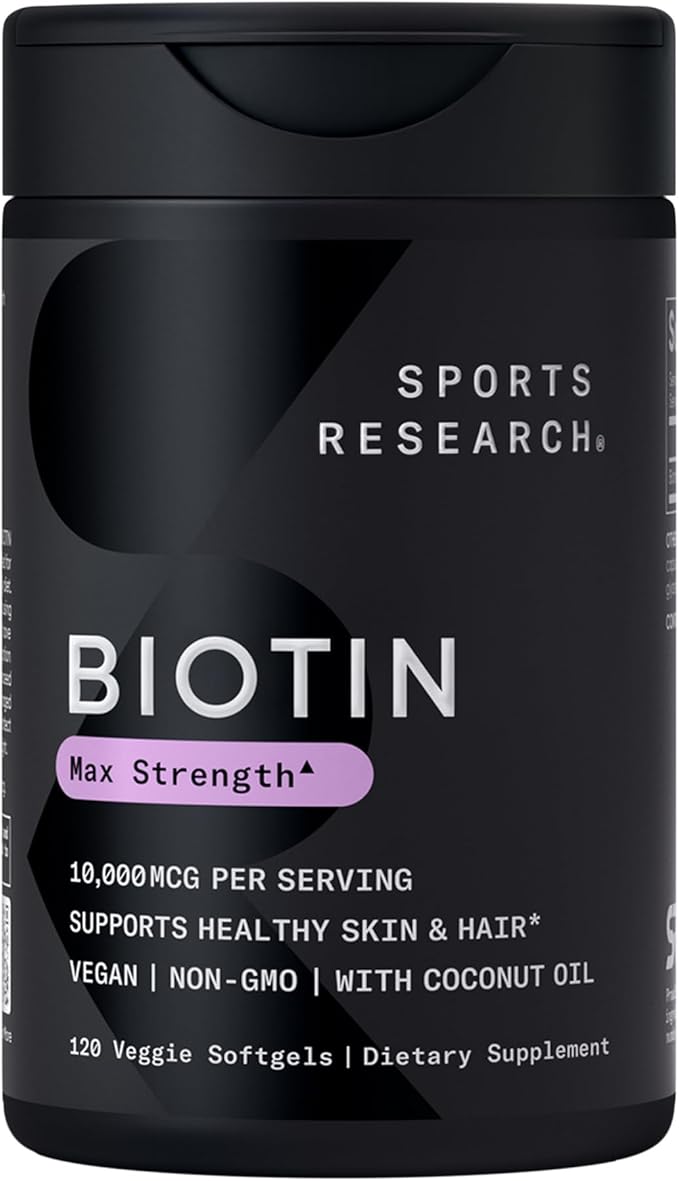 Sports Research® Healthy Skin and Hair Support - Vegan Biotin 10,000mcg with Coconut Oil, Triple Strength Astaxanthin 12mg, and Phytoceramides 350mg per Softgel · Non-GMO · Vegan · Gluten-Free