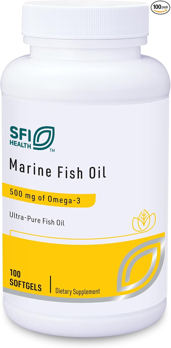 SFI Health Klaire Labs Marine Fish Oil - Ultra Pure 300 Milligrams EPA & 200 Milligrams DHA Omega 3 Unflavored Fish Oil with No Fishy Taste, Cholesterol-Free & Gluten-Free (100 Softgels)