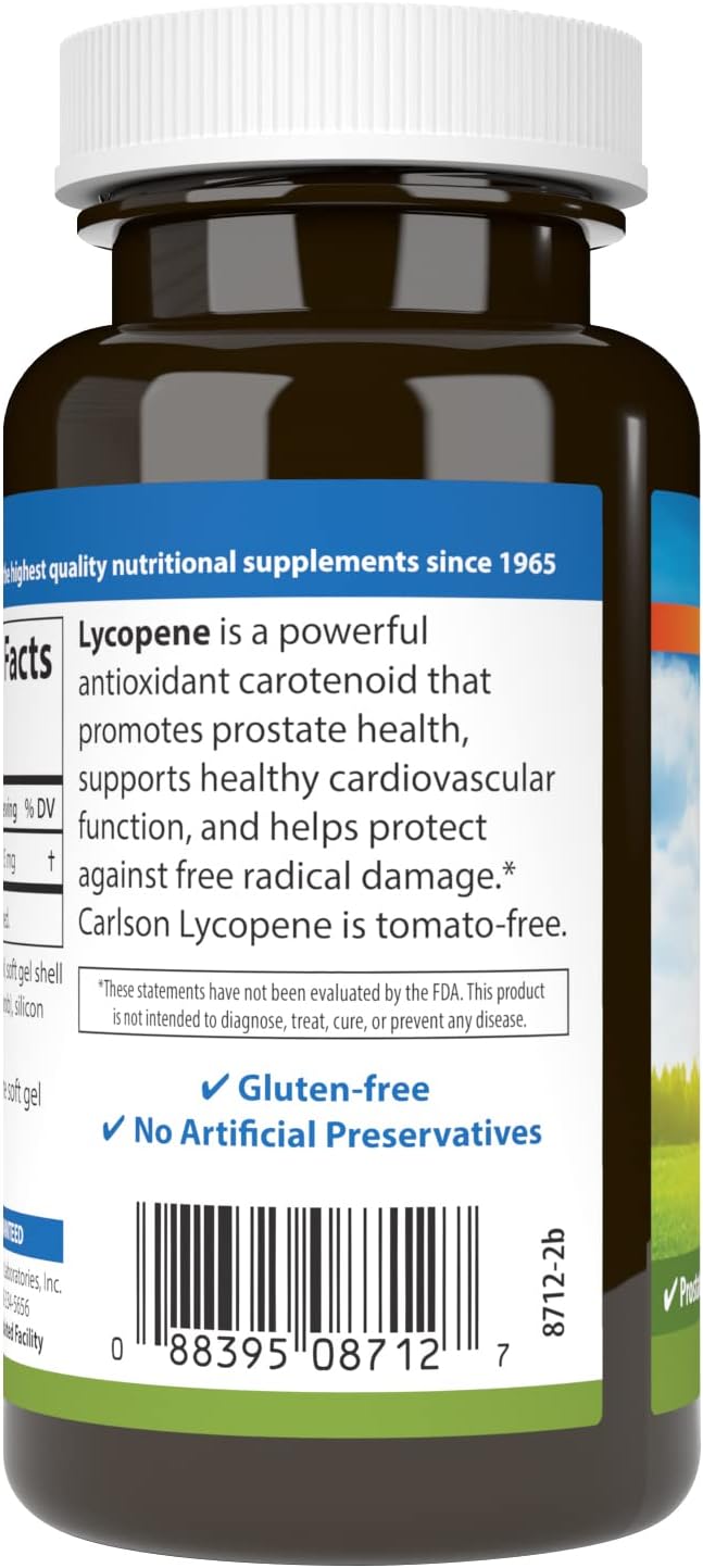 Carlson - Lycopene, 15 mg, Tomato-Free, Prostate Health & Circulation Support, Optimal Wellness, 180 Softgels