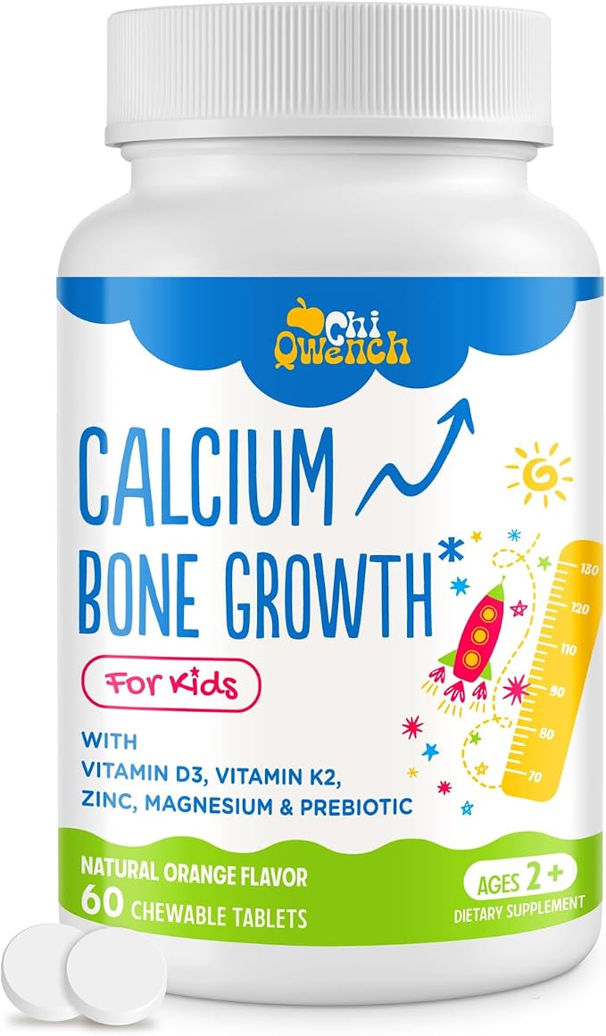ChiQwench 500 MG Calcium Supplement with Vitamin D3 & K2, Zinc, Magnesium & Prebiotics. Kids Vitamins for Kids' Height. Bone Strength, High Absorption, Orange Chewables, Non-GMO, Gluten Free, 60 Tabs
