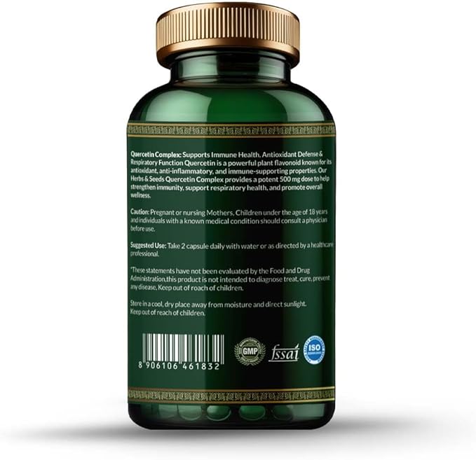 HERBS & SEEDS Quercetin Complex 500mg Supplement Natural Vegan Sources with Bioflavonoids & Potent Antioxidants for Cellular Health Support & Promotes Immunity – 90 Capsules