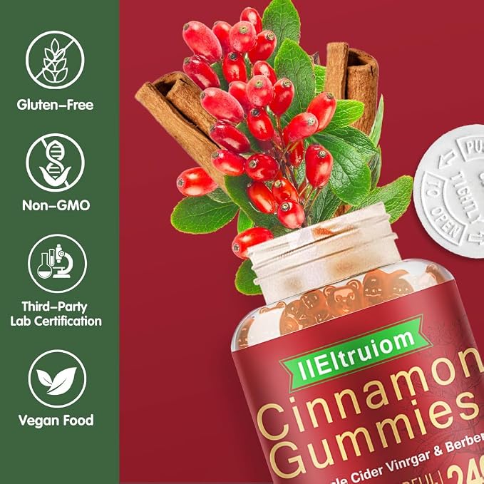 Cinnamon Supplements, Premium Ceylon Cinnamon Gummies 2400mg with Berberine, Turmeric, Apple Cider Vinegar, Bitter Melon, Chromium - Vegan, Non-GMO丨60 Counts