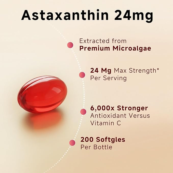 GBN Astaxanthin Supplements 24mg 200 Softgels, Supports Eye, Skin, Joint, Brain, Heart & Immune System Health, Stamina & Healthy Aging for Women & Men, Fresh Microalgae Source