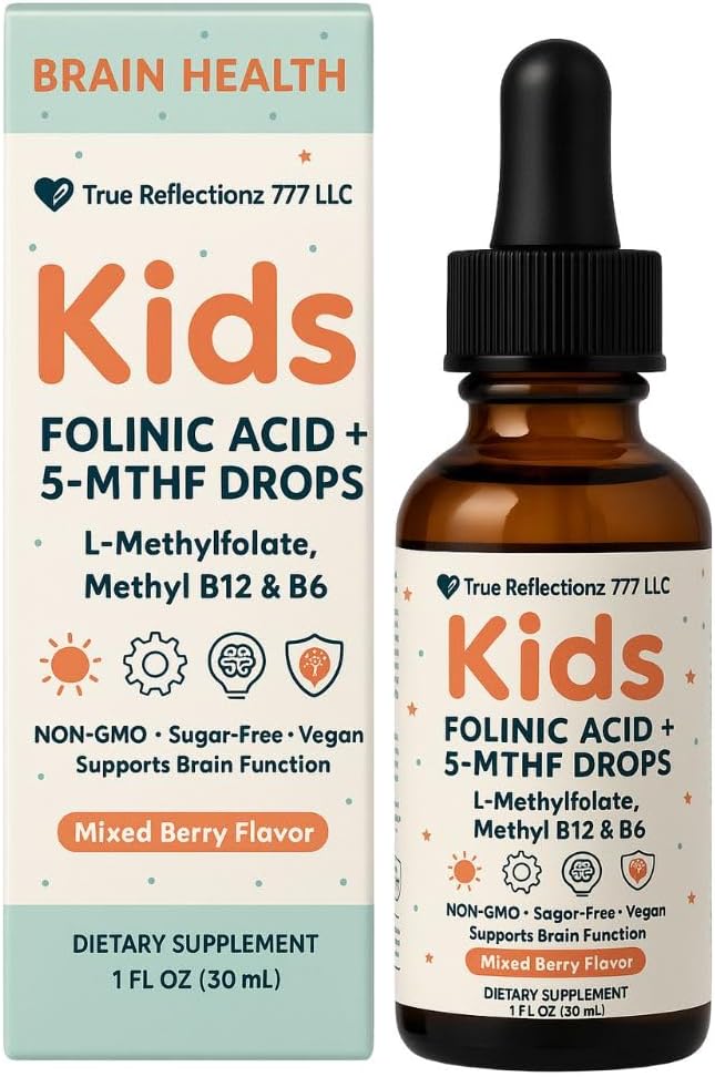 Folinic Acid Drops Kids 800 mcg + L-Methylfolate + B12 +P5P B6 Gentle Methylation Great Taste, Magnesium Glycinate, Vitamin D3 & C Folate Support for Brain,Focus, Mood & Cellular Health 5-MTHF Drops