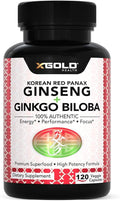 X Gold Health Korean Red Panax Ginseng + Ginkgo Biloba 7% Ginsenosides Extra Strength Energy, Memory, Focus & Brain Support Premium Supplement for Men & Women Non-GMO, 120 Vegan Capsules