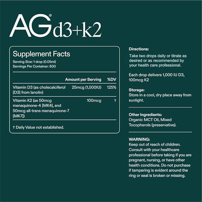 AG1 Vitamin D3 K2 Drops, 1000IU of Vitamin D3 and 100mcg of K2 per Serving, Supports Bone Density and Calcium Absorption (Athletic Greens)