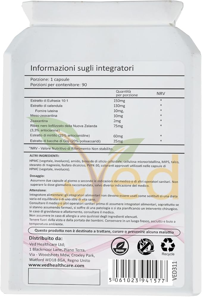 Ved Eye Complex, Lutein, Meso-Zeaxanthin, Zeaxanthin, NZ Blackcurrant, Bilberry, Goji Berry, 90 Vegan Capsule (3 Months Supply)