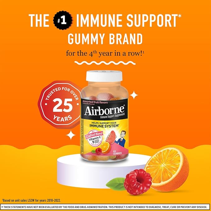 Airborne 750mg Vitamin C Immune Support Supplement Gummies for Adults, Assorted Fruit Flavor, Gluten Free Crafted Blend with Powerful Antioxidants Vitamins A C & E, 63 Gummies (3 Pack)