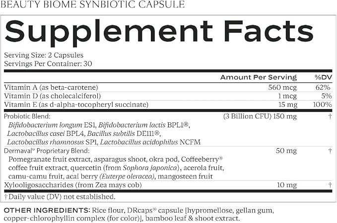 SAKARA Beauty Biome – Daily Synbiotic Supplement for Skin + Gut Health with Probiotic, Dermaval, Vitamins A, D, E, Antioxidants, Prebiotics & Enzymes – for Clear, Radiant, Hydrated Skin – 60 Capsules